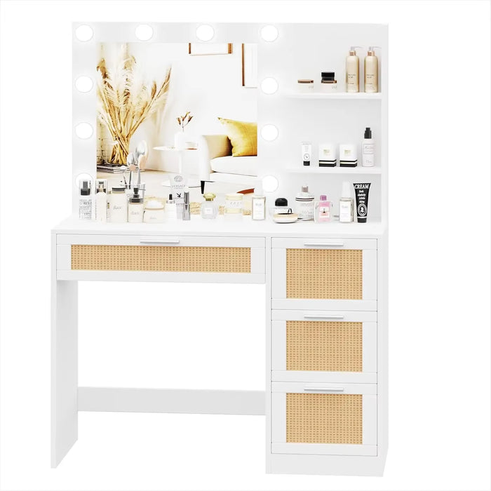 Makeup Vanity Table with Lighted Mirror, Makeup Vanity Desk with Storage Shelf and 4 Drawers, Bedroom Dressing Table