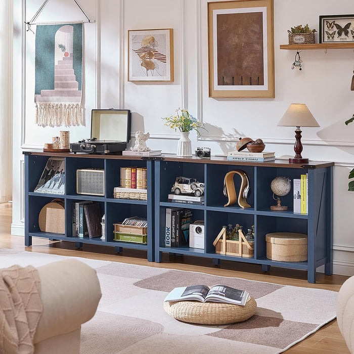 6 Cube Bookcase, Farmhouse Wood Low Storage Organizer Book Shelf, 47" Horizontal Navy Blue Console Bookshelf with Legs, Hallway Book Case for Entryway, Display Cabinet for Living Room, Office