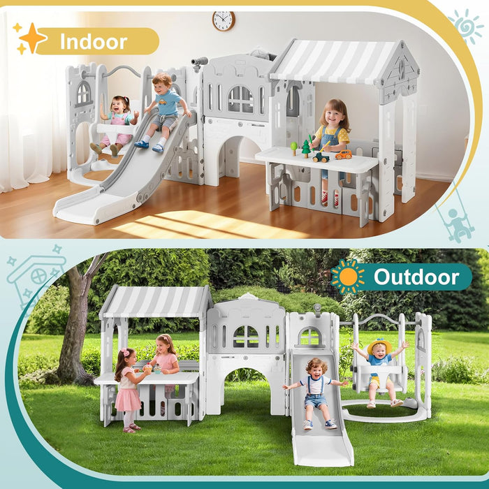 10 in 1 Toddler Slide, Freestanding Kid Climber Slide Playset, Toddler Playhouse with Slide and Swing, Basketball Hoop, Telescope, Indoor Outdoor Backyard Playground Toy for Toddlers Age 1-3+