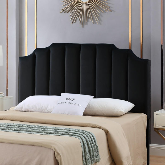 Black Velvet Tufted Queen Upholstered Headboard, Modern Vertical Channel Design California Queen/Full Headboard with Stepped Silhouette Top Edge,Black