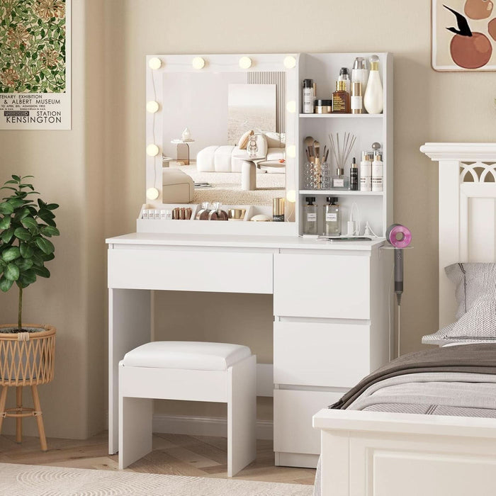 Vanity, Makeup Vanity Desk Set with Mirror & Light, Dressing Table Storage Lots with Power Strip, 3 Lighting Modes with Adjustable Brightness, 37 Inches (White) (White with Stool)