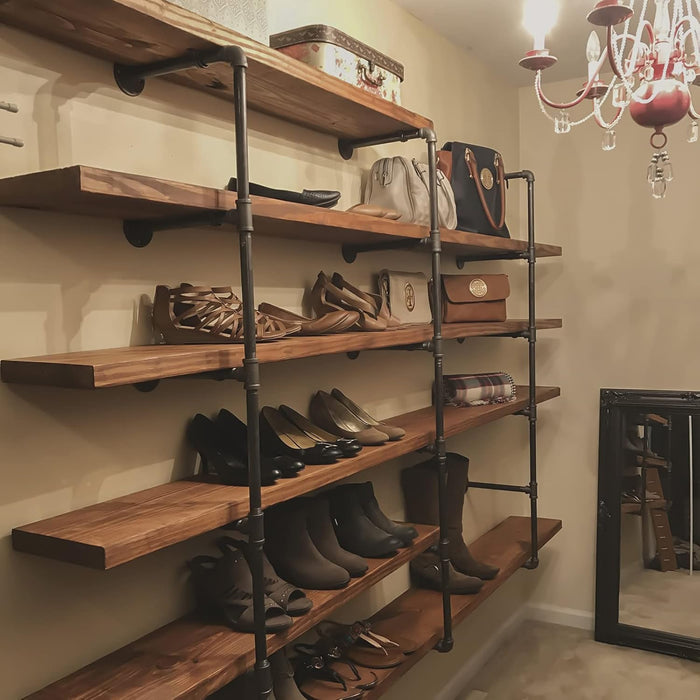 Industrial Iron Pipe Shelves, 3 Set 4-Tier 41.5" Tall 12" Depth, DIY Open Bookshelf Bookcase, Wall Mounted Vintage Retro Shelving, Rustic Farmhouse Pantry Kitchen Storage, Black Shelf Brackets