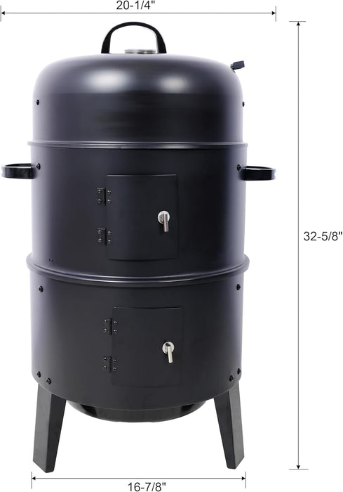 16-Inch Vertical Charcoal Smoker Grill, 3-In-1 BBQ Smoker & Grill with Thermometer, Dual Doors, Adjustable Vents, Portable Outdoor Cooker for Camping & Backyard