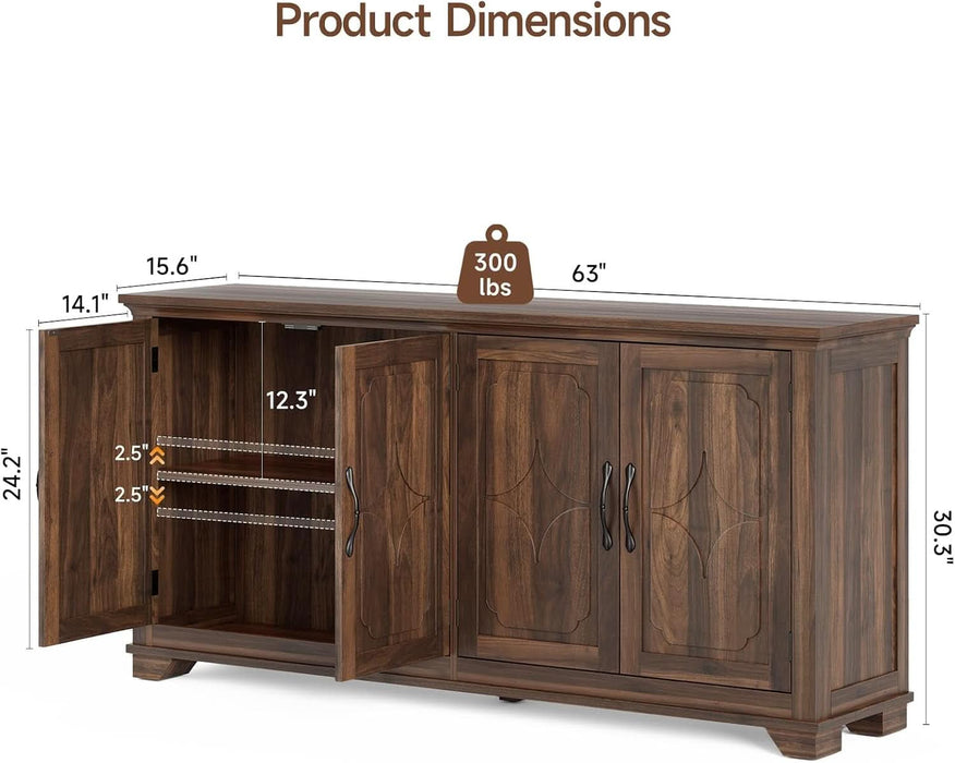 63 Inch Buffet Cabinet with Storage, 4 Carved Doors, Brown