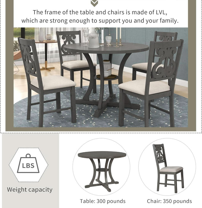 5 Piece round Dining Table Set 4 Retro Chairs with Special-Shaped Table Legs, Exquisitely Designed Hollow Chair Back for Dining Room, Gray