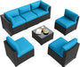 Patio Furniture Set, 7 Piece Outdoor Sectional Sofas with Waterproof Cover, Wicker Rattan Outdoor Furniture Patio Conversation Set for Backyard, Garden Peacock Blue