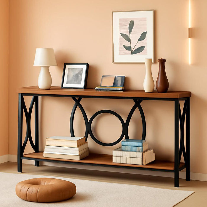 Sofa Console Table, Rustic Console Table with Faux Marbled Tabletop, Engineered Wood Entryway Tables with 2 Tier Storage, Narrow Sofa Table for Living Room, Hallway (55 Inch, Rustic Brown)