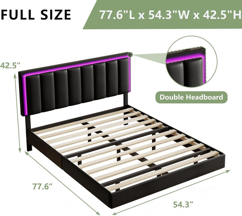Floating Bed Frame Full with LED Lights, Upholstered Floating Bed Frame with Headboard, Solid Wood Slats Support, No Box Spring Needed, Noise-Free, Easy Assembly, Black