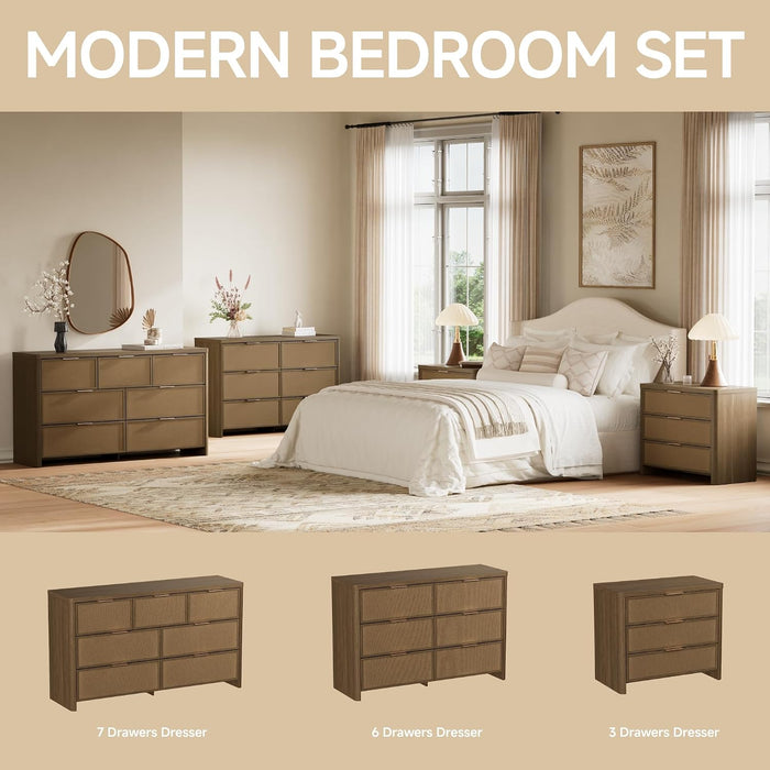 Rattan 6 Drawer Dresser for Bedroom, 47.2" Wide Curved Dressers & Chests of Drawers with 6 Deep Drawers, Large Boho Wooden Dresser W/Gold Metal Handles for Bedroom Living Room, Walnut