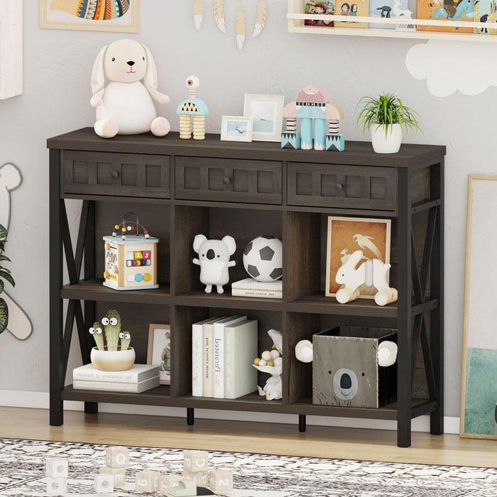 Rustic 6 Cube Storage Organizer Bookshelf with 3 Drawers, Short Low Horizontal Bookshelf for Living Room, Industrial Wood and Metal Cubby Bookcase for Home Office (Walnut Brown, 47 Inch)