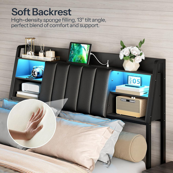 Upholstered Headboard Queen Size with Storage, Headboard with Charging Station and LED Light Strip, Padded Backrest and Open Storage Shelf, Metal Frame Adapter, for Queen Bed Frames, Black