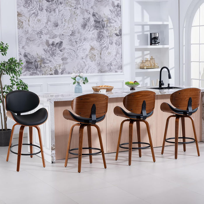 Bar Stools Set of 3, 26 Inch Leather Upholstered Counter Height Bar Stools with Curved Seat and Backrest, 360° Swivel Walnut Wood Barstools for Kitchen Island, Bar, Cafe, Black