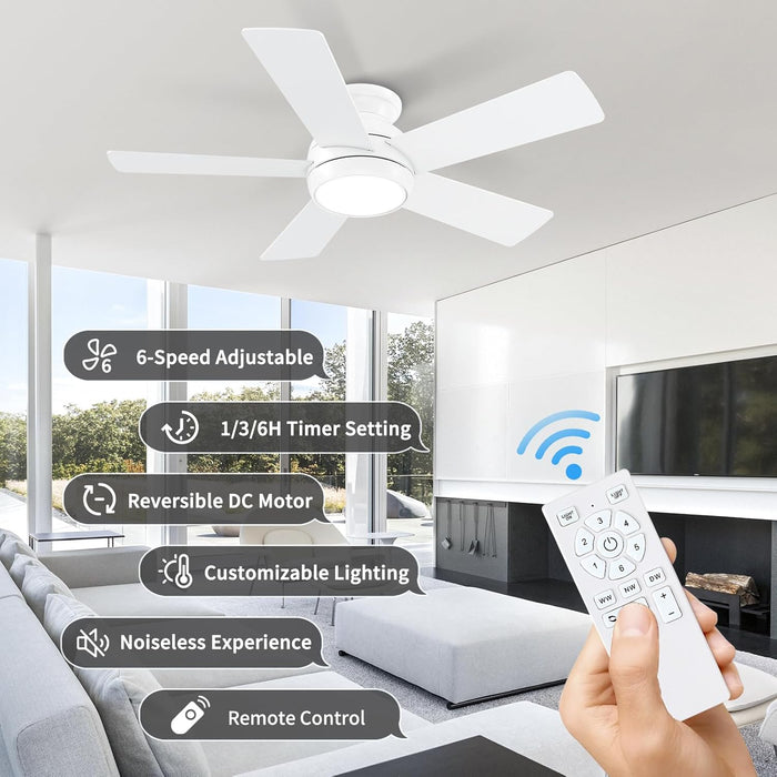 42 Inch White Ceiling Fans with Lights and Remote, LED Low Profile Flush Mount Ceiling Fan for Bedroom, Living Room, Patio, Quiet DC Motor, 5 Blades