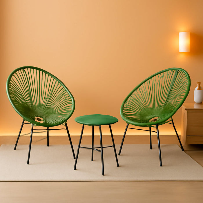 3-Piece Outdoor Seating Acapulco Chair, Modern Patio Furniture Set, Glass Top Table and 2 Chairs, Indoor and Outdoor Conversation Bistro Set, Light Green UGGF011C01