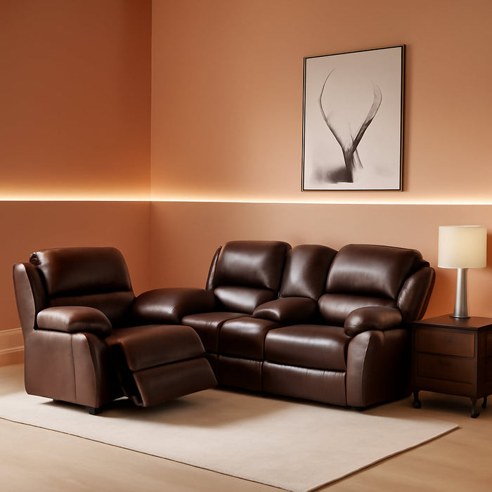 3PCS Recliner Sofa Set Vegan Leather Reclining Couch Set  Living Room Furniture Sets Manual Reclining Sofa Set with Cup Holders/Storage Console/Flip down Table for Home/Office (Brown, 3PCS Set)