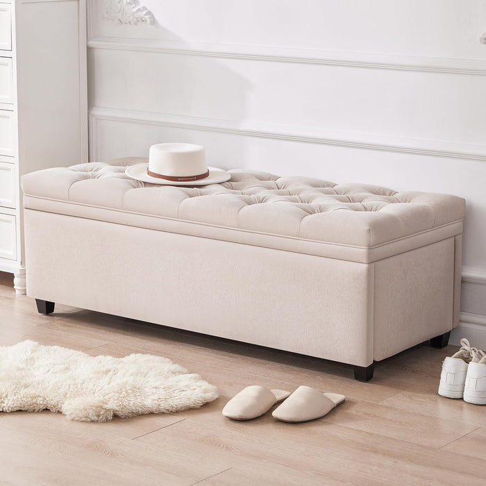 50" Storage Ottoman Bench, Tufted Ottoman with Storage for Living Room, Large End of Bed Ottomans, Modern Entryway Benchs, Window & Bedroom Benches for Foot of Bed (Beige)