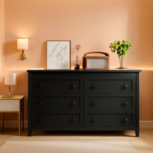 Black Dresser for Bedroom with 6 Drawers, Modern Chest of Drawers, Wood Dressers Bedroom Furniture Wide Storage Drawers Dressers Organizer for Closet, Living Room, Hallway