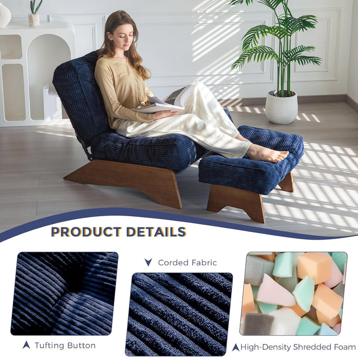 Accent Chair with Ottoman Adjustable Backrest, Tufted Living Room Chair Upholstered Lounge Chair with Footrest Set, Modern Chair Cozy Reclining Chair for Reading Room, Navy