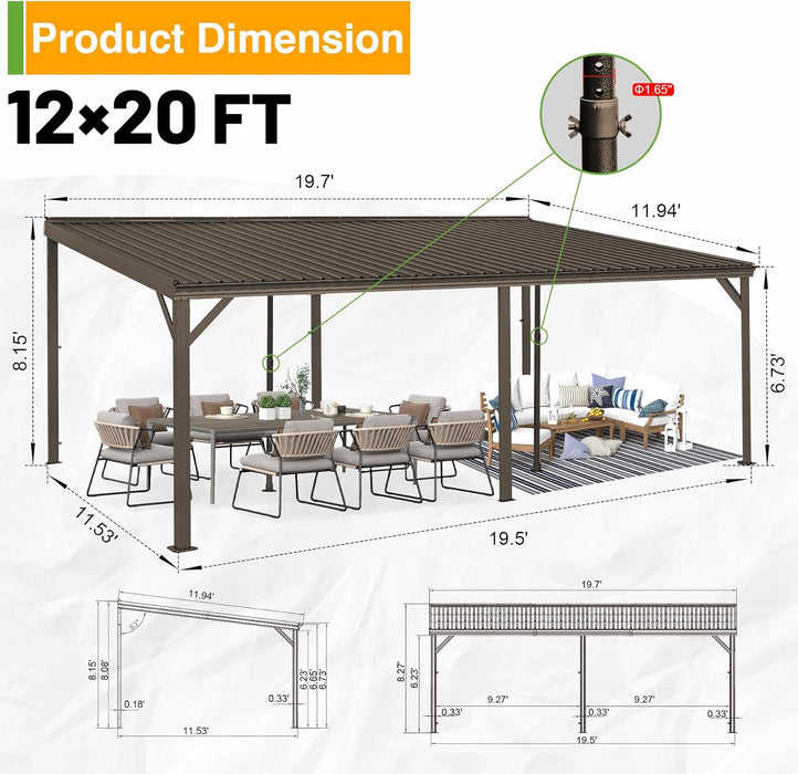 12X20Ft Lean to Gazebo, Outdoor Hardtop Wall Mounted Gazebo with Gutter & Sloping Galvanized Steel Roof, Metal Hard Top Awnings for Deck, Porch, Backyard -Brown