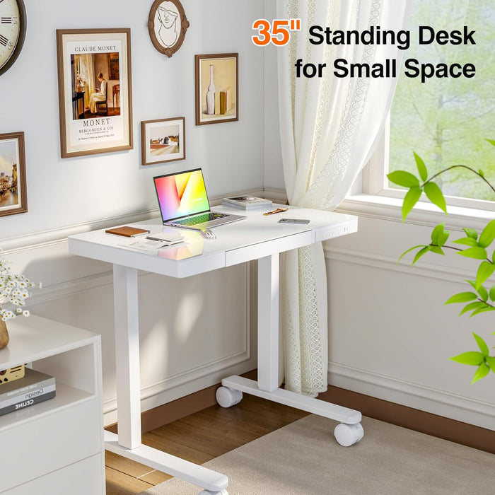 35" Glass Standing Desk with Drawer and USB Ports, Electric Height Adjustable Desk for Home Office, White Sit Stand Table with Storage, Easy Assembly Computer Desk for Small Spaces
