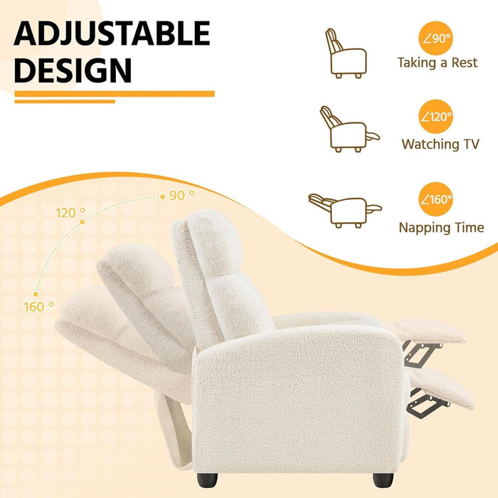 Fabric Recliner Chair Single Sofa Home Theater Seatting Adjustable Modern Single Reclining Chair for Living Room Bedroom Home Theater Ivory