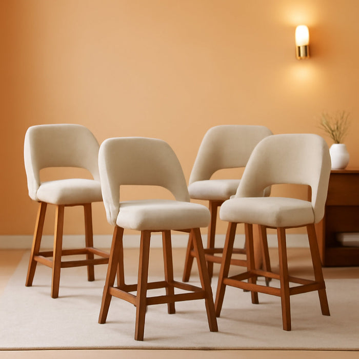 Counter Height Bar Stools, 26 Inch Bar Stools Set of 4 with Back, Upholstered Barstools with Footrest, Wood Legs, Fabric in Oatmeal