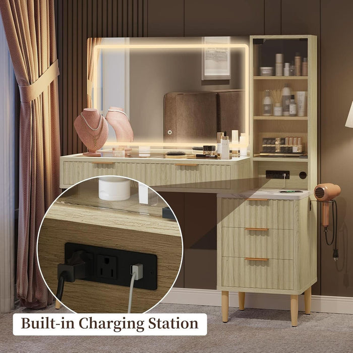 Fluted Makeup Vanity Desk with Mirror and Lights, Modern Glass Top Vanity Table with Charging Station, 5 Drawers & Shelves, 3 Color Modes, Wood Dressing Table for Bedroom, Oak