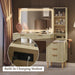 Fluted Makeup Vanity Desk with Mirror and Lights, Modern Glass Top Vanity Table with Charging Station, 5 Drawers & Shelves, 3 Color Modes, Wood Dressing Table for Bedroom, Oak