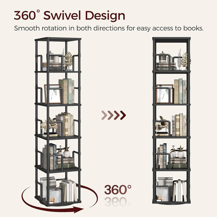 5-Tier Rotating Bookshelf, Freestanding Corner Bookshelf, 360° Spinning Bookcase, Industrial Style Storage Rack with Rails, for Living Room, Bedroom, Study, Black BKBK1601