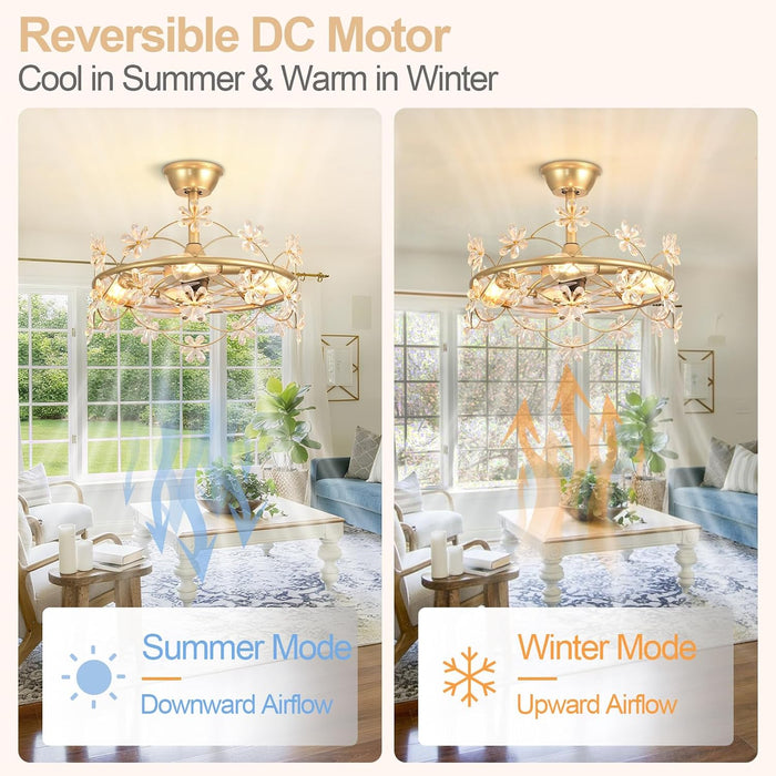 Bedroom Ceiling Fan with Lights: 20" Gold Chandelier Small Fan with Remote Control - Modern Flower Fandelier for Girl'S Bedroom Living Room Kitchen