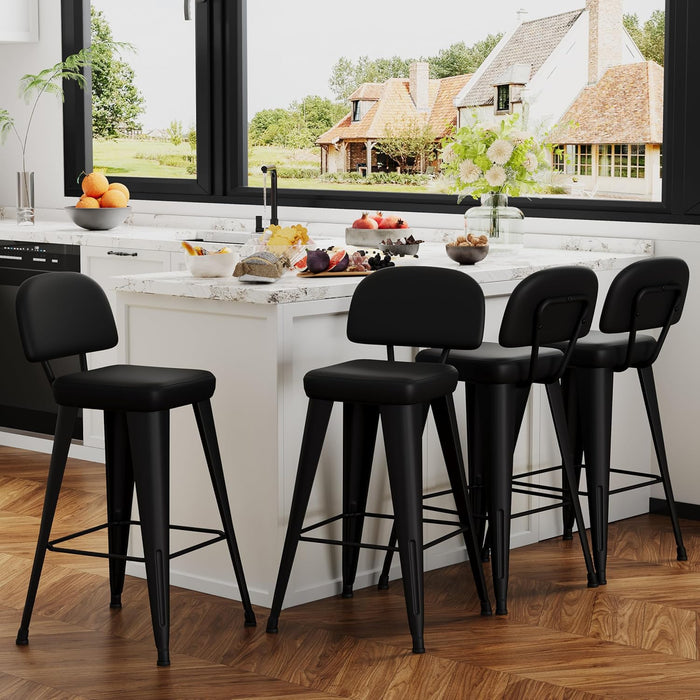 24" Bar Stools Set of 4, Black Faux Leather Barstools with Back
