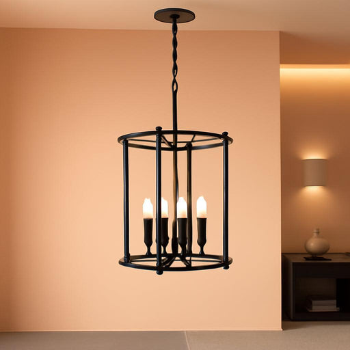 4-Light Black Chandelier, Industrial Black Lantern Ceiling Light Fixtures with Rustic Metal Cage Adjustable Height Farmhouse Geometric Hanging Light for Kitchen Island, Dining Room, Entryway
