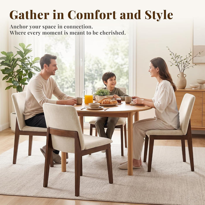 Wooden Dining Chairs Set of 4, Mid Century Modern Kitchen Chairs with Ergonomic Back & Upholstered Linen for Kitchen Dining Vanity, Beige