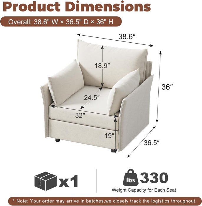 Oversized Accent Chair, Upholstered Modern Sofa Chair with Removable Backrest & Detachable Cover, 24.5" Deep Seat Large Reading Armchair for Living Room Bedroom Office - Chenille White Set of 1