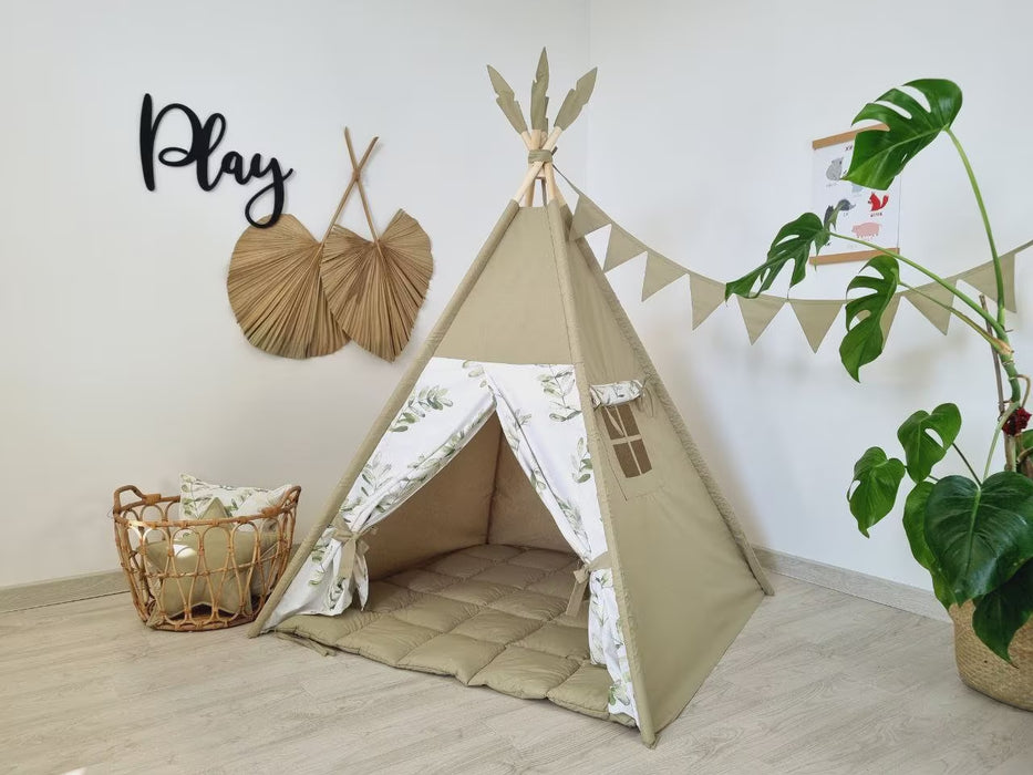 Olive Green Teepee Tent for Kids | Toddler Playhouse with Neutral Teepee Design | Indoor Playzone for Boys & Girls