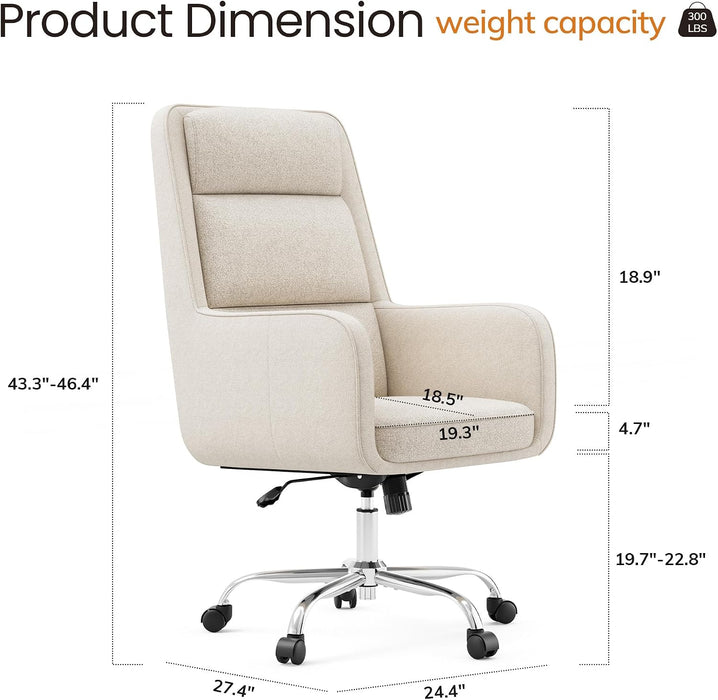 Cocoon Modern Executive High Back Home Office Chair, Upholstered Desk Chair with Wheels, Vanity Chair with Head and Lumbar Support, Armrest (Beige)