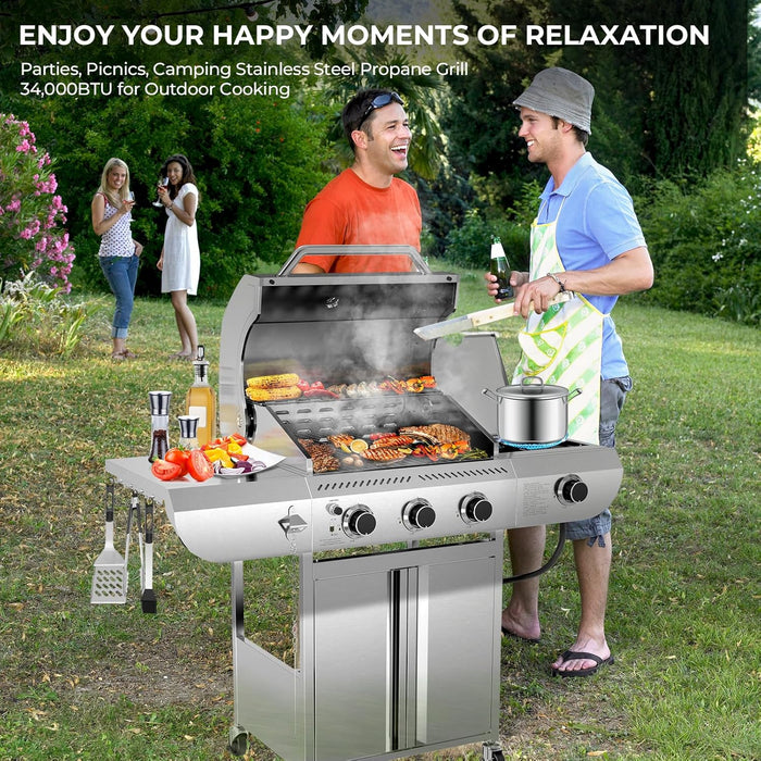 3-Burner Propane Gas Grill with Sider Burner, Stainless Steel Propane Grill 34,000BTU, Multifunction & Protable Outdoor Barbecue Grill with Casters for Camping & Parties