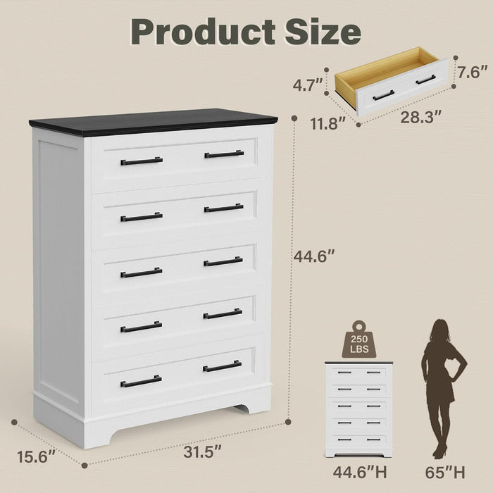 Tall Dresser Five Drawers Farmhouse White Distressed