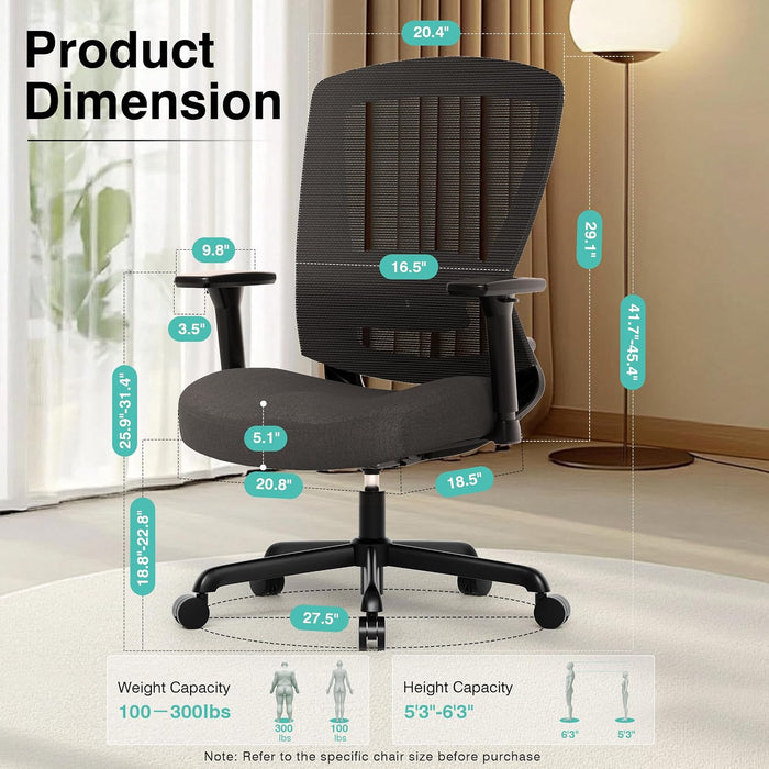 Ergonomic Mesh Office Chair,Comfy Computer Desk Chair- BIFMA 5.1 Certified Commercial Swivel Task Chair for Home Office-Adjustable Lumbar Support & Armrests,Tilt Function,Wide Seat(Noir Black)
