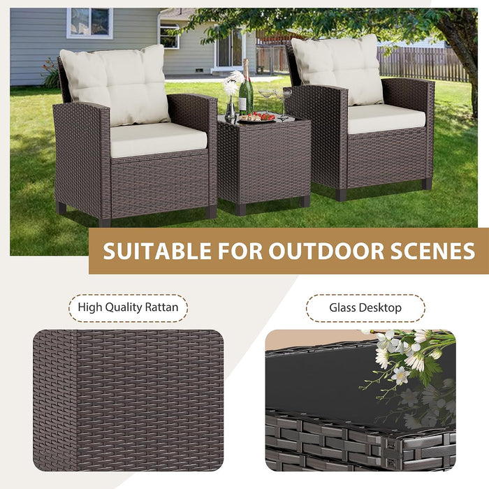 3 Piece Wicker Patio Furniture Set - Outdoor Rattan Conversation Set with Soft Cushions & Glass Coffee Table for Balcony, Porch, Small Backyard - All Weather Beige Bistro Set, Beige