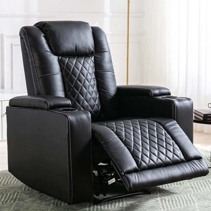 Electric Power Recliner Chair Soft Air Breathable Leather Reclining for Adults with USB Ports and Cup Holders, Black Home Theater Seating with Hidden Arm Storage Movie & Media Room Chairs