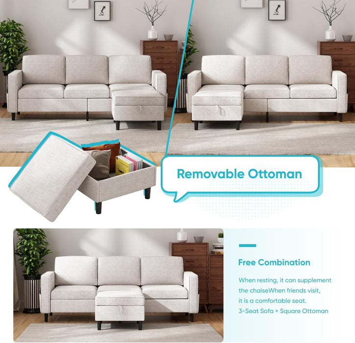 6 Seaters Sectional Upholstered Sofa, Linen Fabric Sofa Couch with Side Pockets, Free Combination Sofa Set with Movable Storage Ottoman, for Living Room-Sofa&Loveseat&Chair&Ottoman,Beige