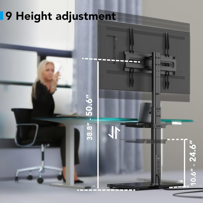 Floor TV Stand with Power Outlet& Shelf, Universal TV Stand Mount for 27-65 Inch TV up to 88Lbs, 70 Degree Swivel 9 Level Height Adjustable with Tempered Glass Base for Bedroom, Office Black