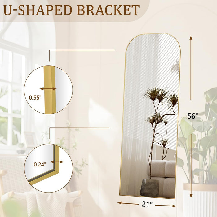 Full Length Mirror, 56"X21" Mirror Full Length with Stand, Gold Domed Top Square-Edged Floor Mirror with Aluminum Alloy Frame for Bedroom Living Room