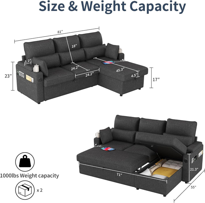 Black LShaped Sleeper Sofa With Integrated Storage