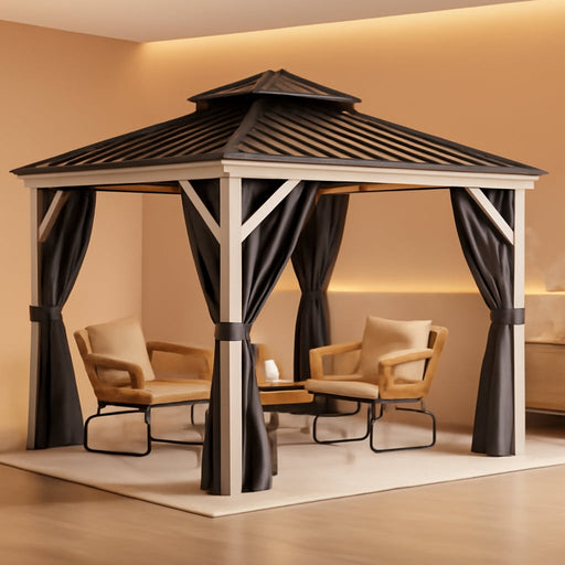 10X10FT Gazebo Patios Hard Top Outdoor Double Roof Canopy Aluminum Frame Metal Top Garden Gazebo with Curtains Netting for Backyards Decks Lawns, White