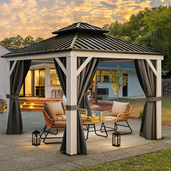10X10FT Gazebo Patios Hard Top Outdoor Double Roof Canopy Aluminum Frame Metal Top Garden Gazebo with Curtains Netting for Backyards Decks Lawns, White