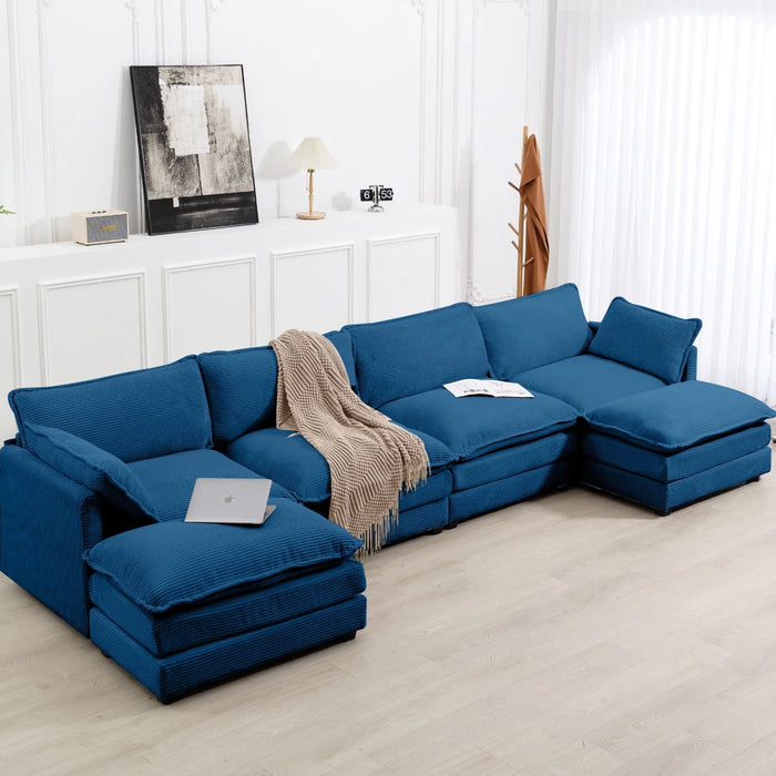 U-Shaped Sectional Sofa Set, Indoor Furniture Convertible Modular Corduroy Sectional Sofa Set with 2 Ottomans for Living Room, Navy