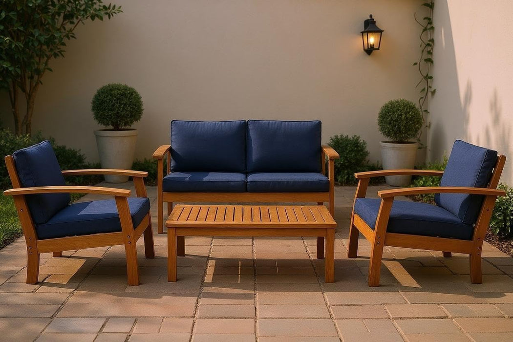 Prescott Patio 4 Piece Conversation Set | Durable Eucalyptus with Natural Finish, Blue