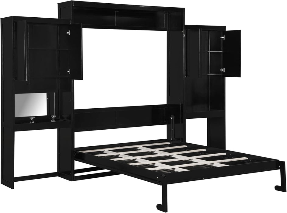 Queen Size Murphy Bed with Desk, Storage Cabinets, Vanity and Mirror for Bedroom, Living Room, Apartment